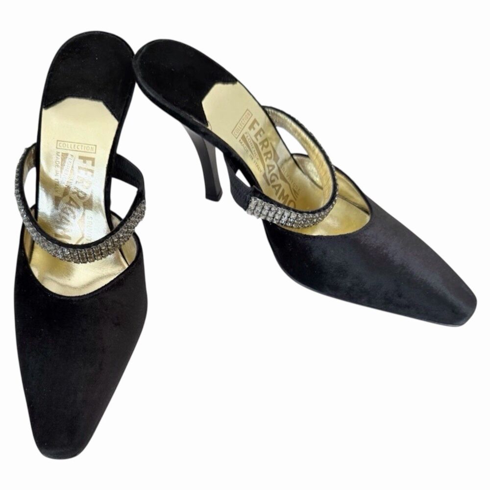 Salvatore Ferragamo Black Velvet Crystal Mules Size 5.5 NIB Vintage